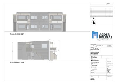 Fasadetegning som viser bygningens utseende fra sør og vest med mål og detaljer.