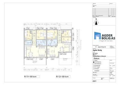Etasjeplan for et flerfamiliehus (R11 og R12) med romfordeling, mål og terrassearealer.