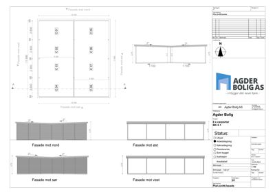 Fasadetegning som viser oppriss av bygningens fasader mot nord, sør, øst og vest, inkludert detaljer for tak og vindusoppsett.