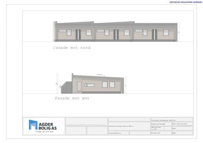 Fasadetegning som viser bygningens utseende fra nord og øst, inkludert mål og detaljer.