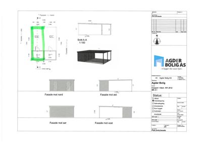 Fasadetegning med oppriss av bygningens ytre utseende mot nord, øst og vest.