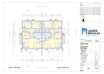 Etasjeplan (plan) som viser romfordeling, mål og fasader for to leiligheter (Leil.1 og Leil.2) i et fleretasjes bygg.