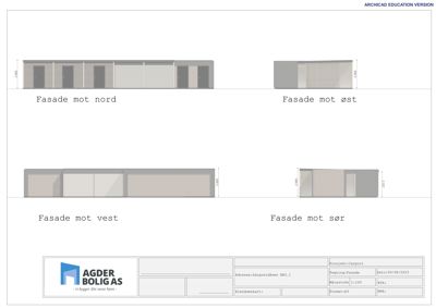 Fasadetegning som viser bygningens utseende fra alle fire sider (nord, øst, vest, sør).