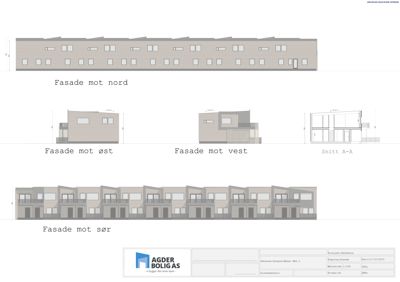 Fasadetegning som viser bygningens utseende fra fire sider (nord, øst, vest, sør) samt et snitt (A-A).