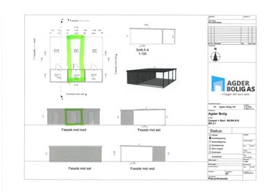 Etasjeplan med romnummerering, fasadeoppsett og en snittegning (Snitt A-A) av bygningen.