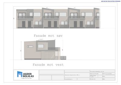 Fasadetegning som viser fasade mot sør og fasade mot vest for en rekkehusbebyggelse.