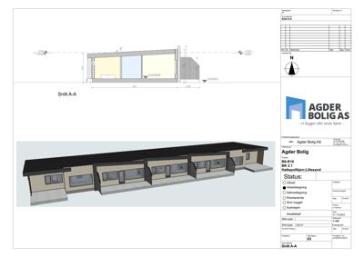 Bildet viser en snittegning (Snitt A-A) av en bolig, med en 3D-rendering av fasaden under. Tegningen inneholder mål, høyder og konstruksjonsdetaljer.
