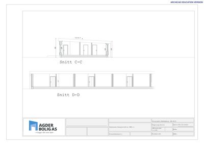 Snittegning (Snitt C-C og Snitt D-D) som viser bygningens tverrsnitt med høydemål og fall.