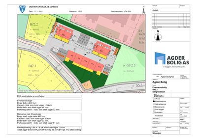 Situasjonsplan som viser tomtens grenser, bygningers plassering, arealer (BYA, BRA) og parkeringsplasser.