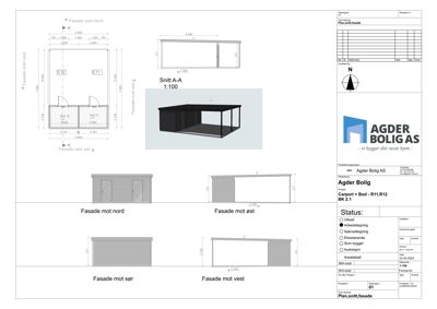 Fasadetegning med oppriss av bygning sett fra fire sider (nord, øst, sør, vest) og et snitt (A-A).