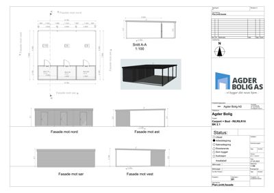 Fasadetegning med oppriss av bygning sett fra fire sider (nord, øst, sør, vest), inkludert snitt A-A og en 3D-visualisering.
