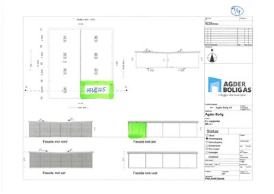 Fasadetegning som viser oppriss av bygningens fire sider (nord, sør, øst, vest) med mål og vindusoppdeling.
