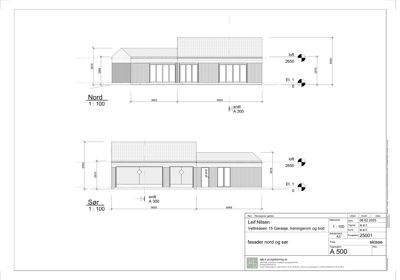 Fasadetegning som viser bygningens utseende sett fra nord og sør, med mål og etasjer.