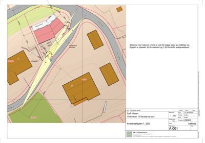 Situasjonsplan som viser tomt, vei, og siktsone for avkjjøring.