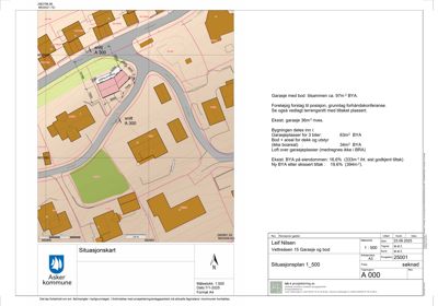 Situasjonsplan som viser tomt, bygninger og veier i et nabolag.