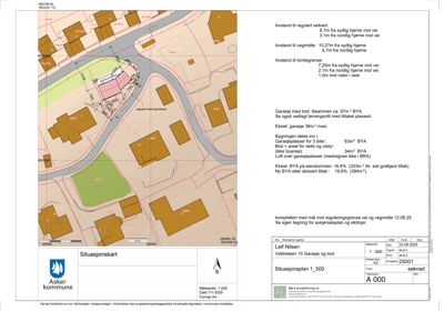 Situasjonsplan som viser tomtens plassering i forhold til regulert veikant, vegmidde og nabo, samt bygningens plassering og areal.
