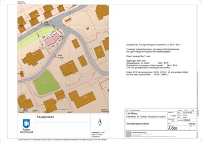 Situasjonsplan som viser bygningens plassering i forhold til nabolaget, veier og eksisterende bebyggelse.