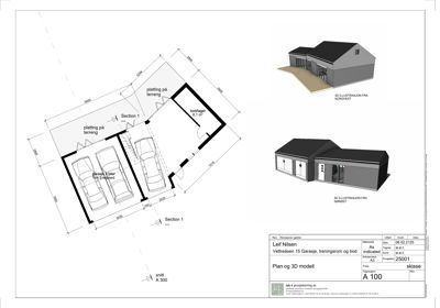 Etasjeplan for en garasje og bod med plassering av biler og en snittegning (Section 1).