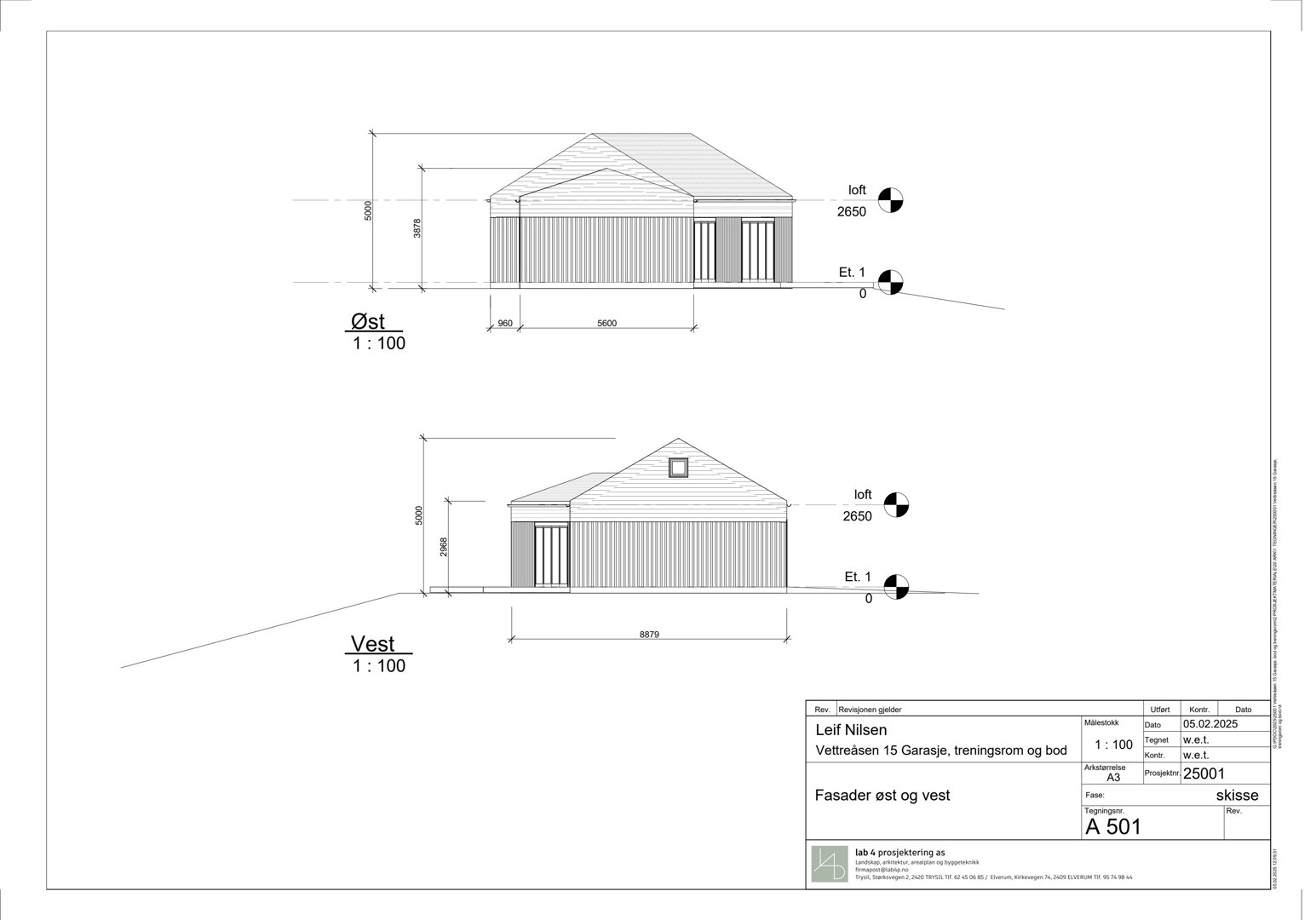 Fasadetegning som viser bygningens utseende sett fra øst og vest med mål og høyder.