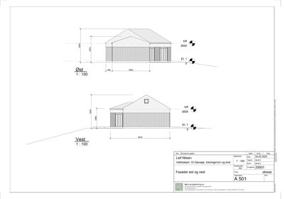 Fasadetegning som viser bygningens utseende sett fra øst og vest med mål og høyder.