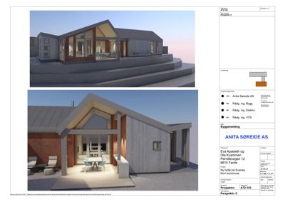 3D-visualisering (rendering) av en planlagt hytte sett fra flere vinkler (perspektiv C).