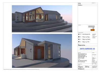 3D-visualisering (rendering) av en planlagt hytte sett fra to ulike vinkler.