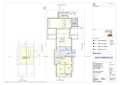 Etasjeplan (hems) med romfordeling, dimensjoner og fasadeopprikk for en hytte.