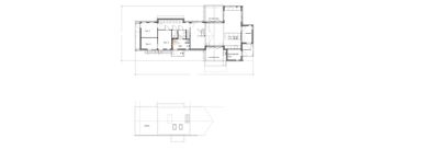 Bildet viser en etasjeplan (floor plan) for en bolig eller leilighet. Den øverste delen viser romfordeling med rombetegnelser som 'Stue 1', 'Stue 2', 'Kjøkken', 'Bad' og 'Sove 1', 'Sove 2'. Den nedre delen viser en mindre plan, sannsynligvis for et underetasje eller garasje.