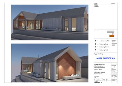 3D-visualisering (rendering) av en planlagt hytte sett fra to ulike vinkler.