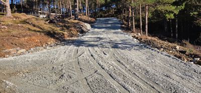 Fotografi av en grusvei som løper gjennom et skogsmarked, med en bygning synlig i bakgrunnen.