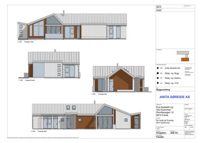 Fasadetegning som viser bygningens utseende fra fire ulike vinkler (Vest, Nord, Sør, Øst) med detaljer om materialer og vinduer.
