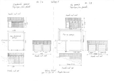 Tegning som viser fasadeoppsett, plan og mål for en eksisterende og ny garasje.