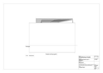 Fasadetegning som viser etasjeplan og takkonstruksjon sett fra nord.