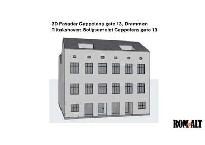 3D-visualisering av fasaden til et bygg i Cappelens gate 13, Drammen.