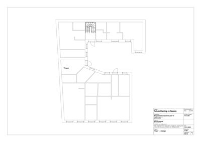 Etasjeplan som viser romfordeling, vegger og en trapp.