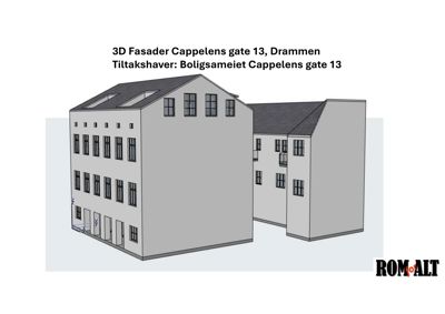 3D-visualisering av en bygning med fasade og tak.