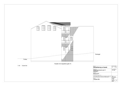 Fasadetegning som viser bygningens utseende sett fra øst mot Cappelens gate 15.