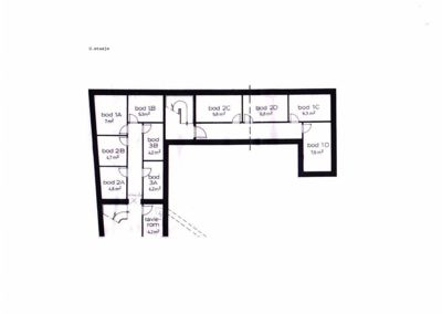 Etasjeplan som viser romfordeling og arealer (i m²) for ulike boliger (boder) på et plan.
