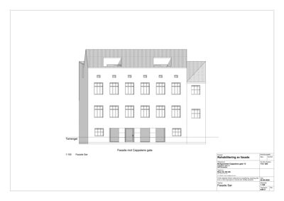 Fasadetegning av en bygning sett fra Cappelens gate, med tegningstittel 'Fasade mot Cappelens gate' og 'Fasade Sør'.