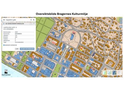 Et kart over Bragernes Kulturmiljø med eiendomsinformasjon for Cappelens gate 13