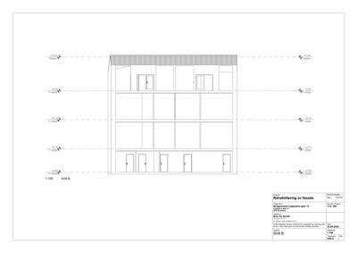 Snittegning (Snitt B) som viser bygningens høydeprofil, etasjer og fasadeoppsett.