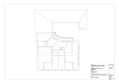 Etasjeplan (Plan 3. etasje) som viser romfordeling og veggkonstruksjoner for en rehabilitering av fasade.