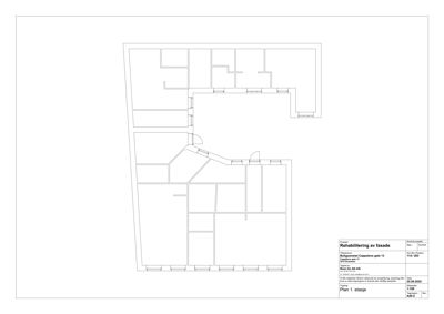 Etasjeplan (Plan 1. etasje) som viser romfordeling og veggstruktur for en bygning.