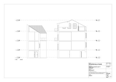 Snittegning (Snitt A) som viser bygningens tverrsnitt, etasjer og høyder.