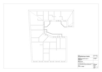 Etasjeplan (Plan 2. etasje) som viser romfordeling og veggkonstruksjoner for en rehabilitering av fasade.