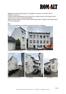 En samling fotografier av en bygning og omgivelsene, inkludert fasader og bakgård, med tilhørende tekstbeskrivelse.