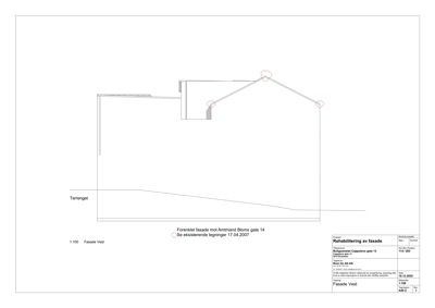 Fasadetegning som viser bygningens utseende sett fra vest.