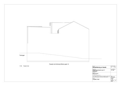 Fasadetegning som viser bygningens utseende sett fra vest, med terrenglinje og takform.