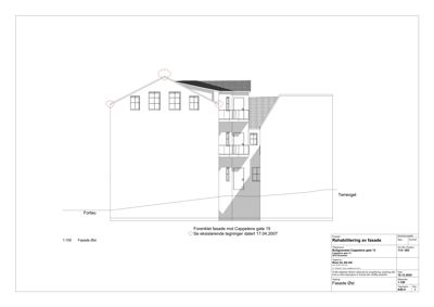 Fasadetegning som viser etasjeplan og utvendig utforming av bygningen.