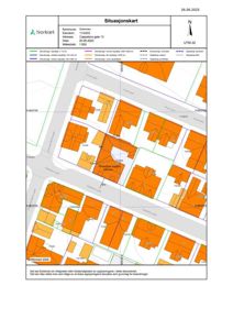 Situasjonskart som viser eiendomsinndeling, grenser og bygningstilhørighet i et nabolag.